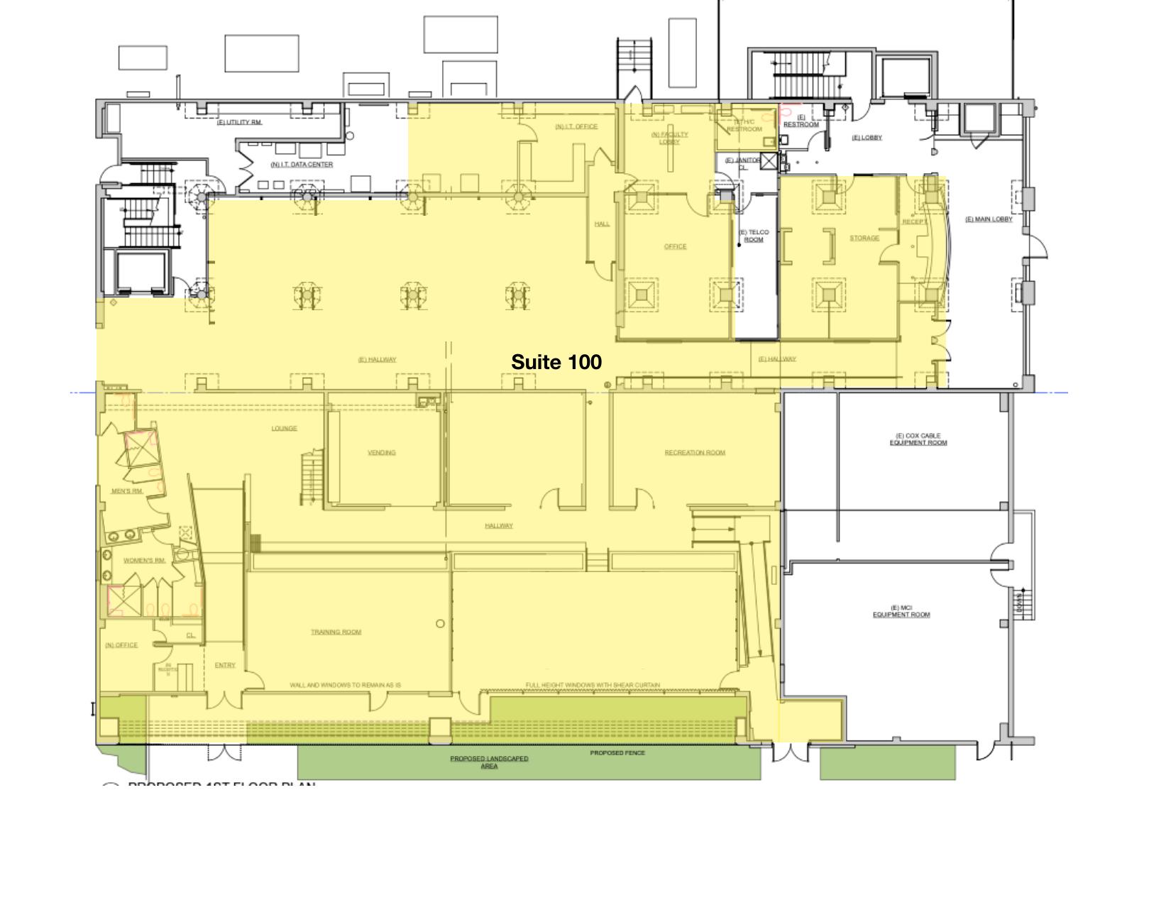 Ground floor plan with Suite 100 highlighted, showing the open west wing alongside offices, restrooms, and the stair and elevator cores.