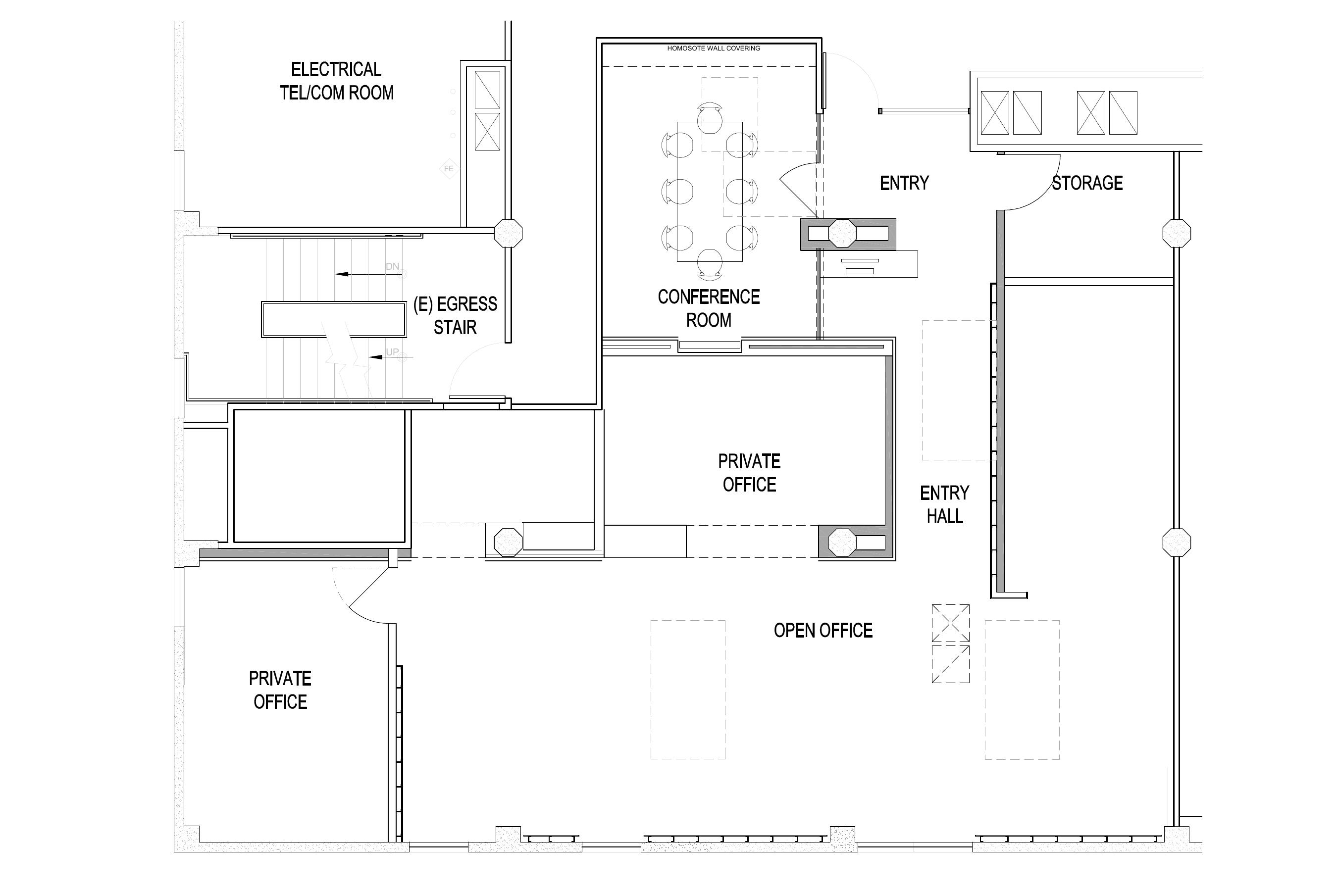 Floor plan of Suite 503, the penthouse, showing private offices, a conference room, kitchen and open office area.