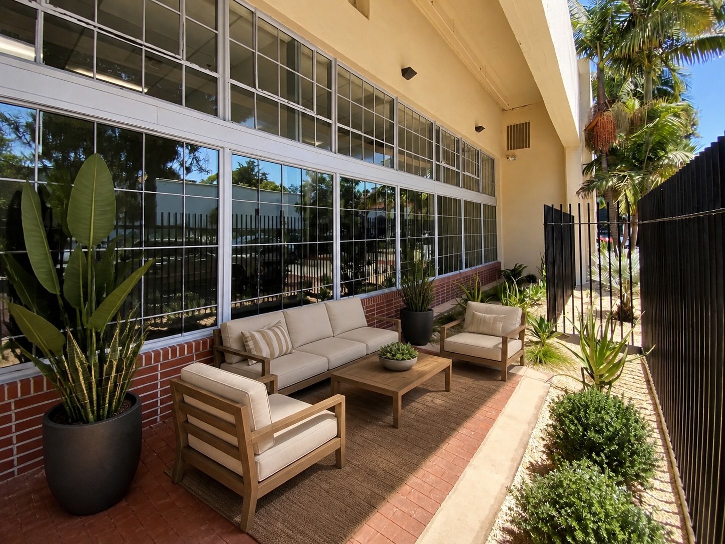 The Suite 100 patio furnished with a sofa and lounge chairs beneath the covered walkway.