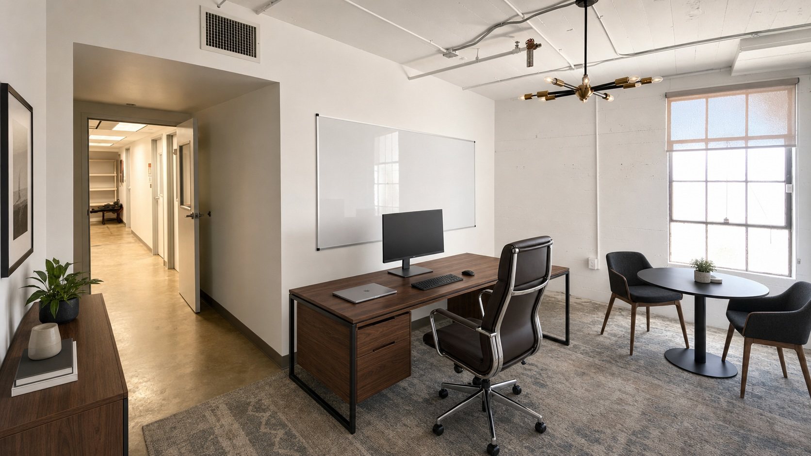 Private office in Suite 300 with a walnut desk, wall-mounted whiteboard, steel-framed window and a small round meeting table.